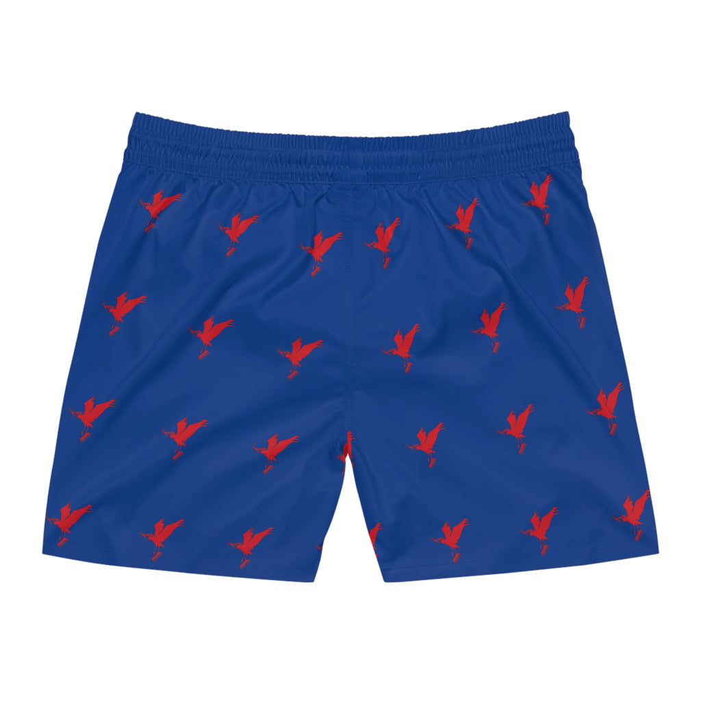 Men's Mid-Length Blue Swim Shorts with Red Flying Bird Pattern