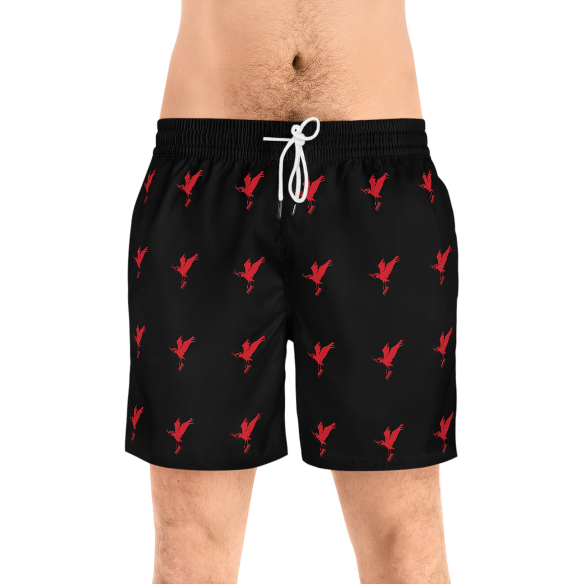 Men's Black Shorts with Cut Life Stay Fly Red Bird Pattern — Mid-Length Beach Trunks