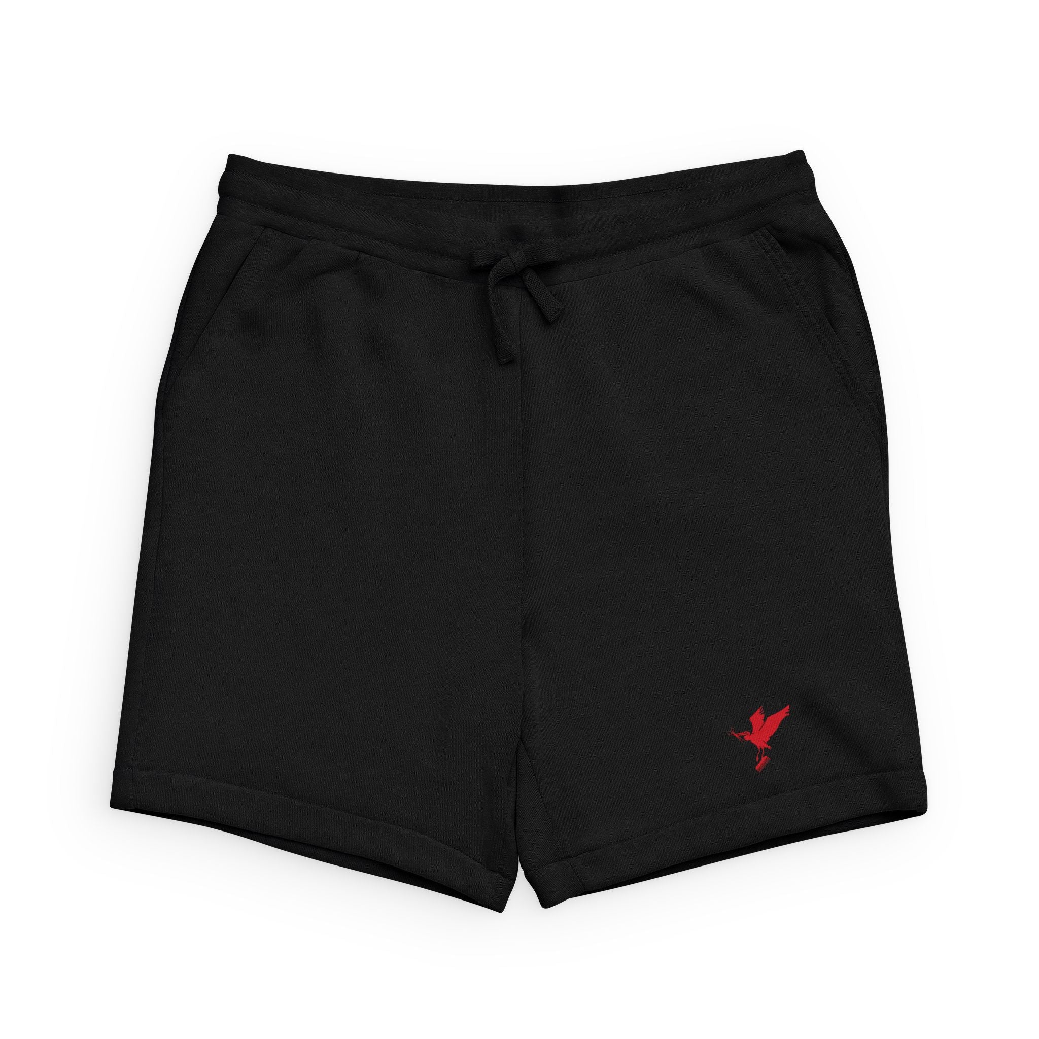Embroidered Red Sparrow Black Sponge Fleece Sweatshorts