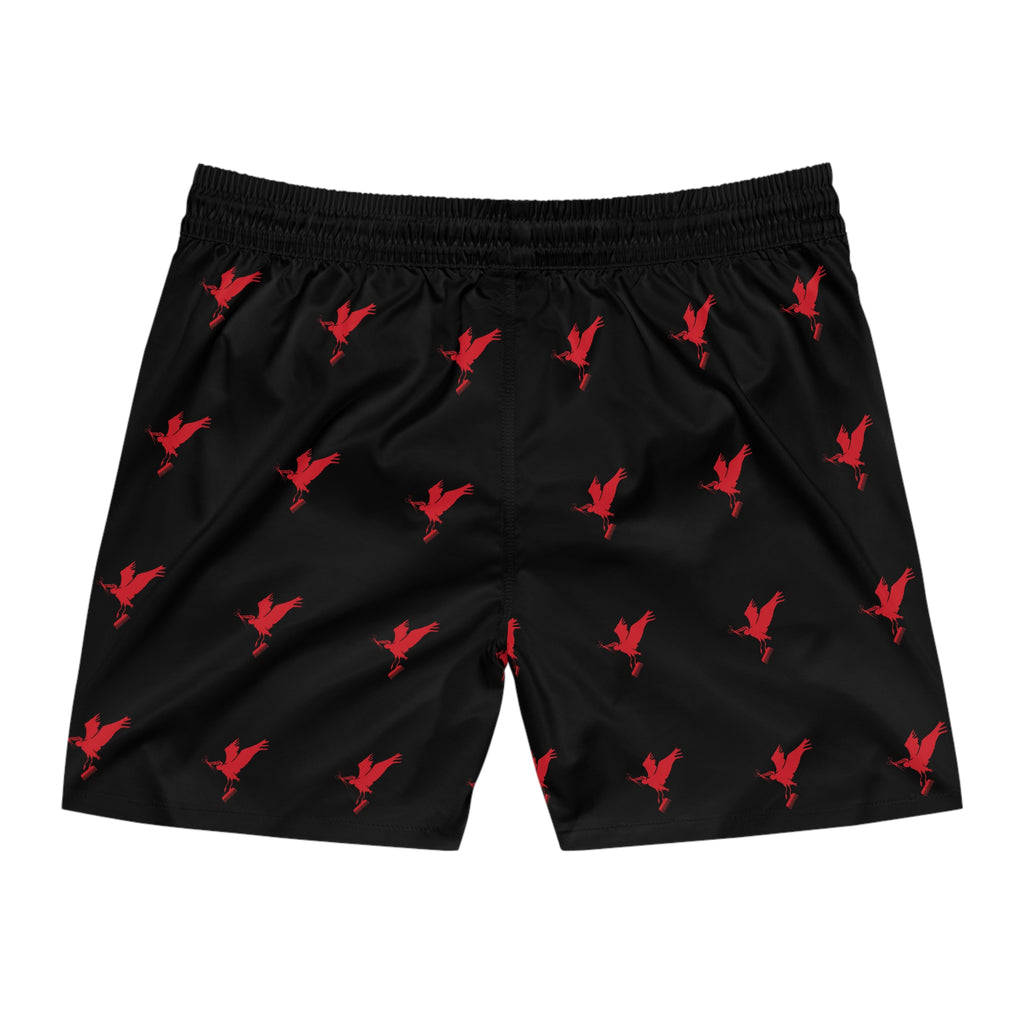 Men's Black Shorts with Cut Life Stay Fly Red Bird Pattern — Mid-Length Beach Trunks