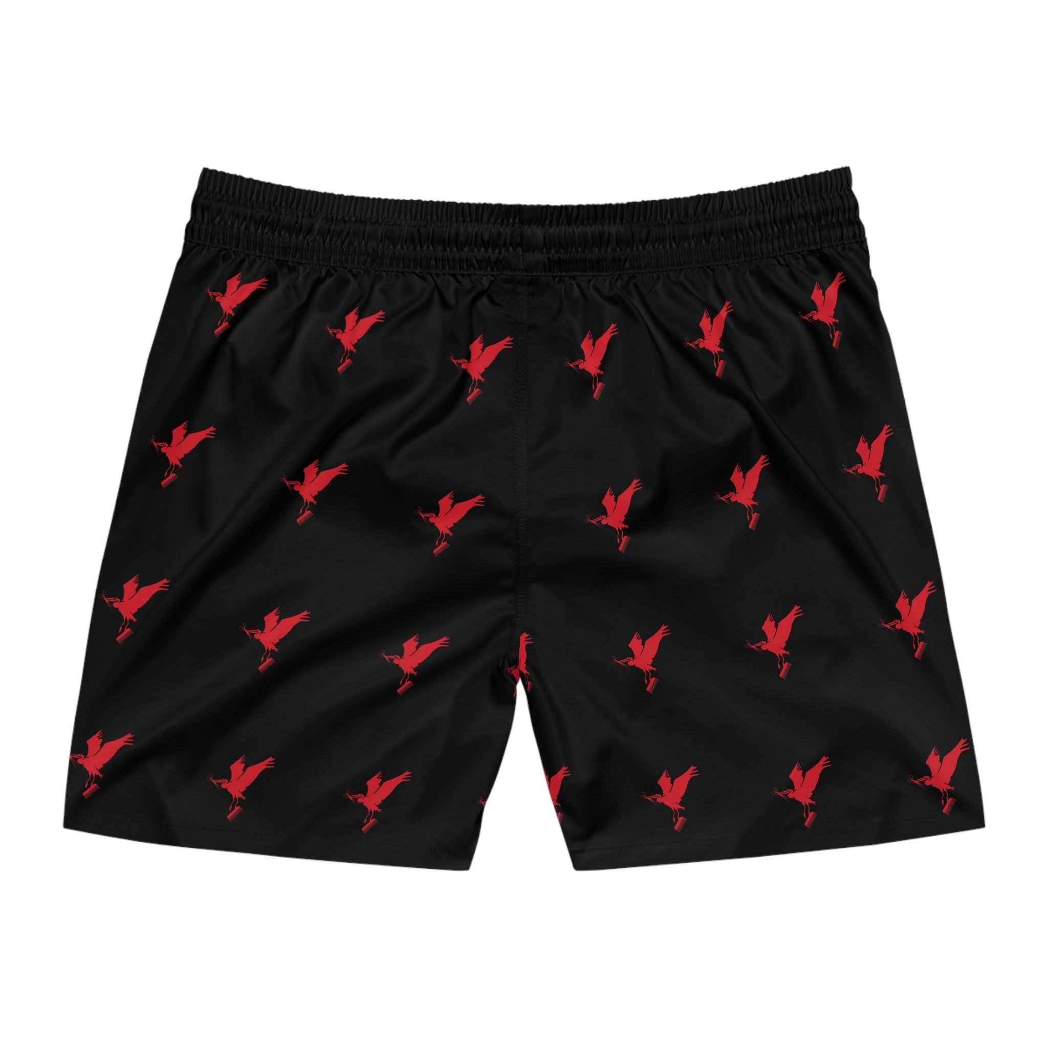 Men's Black Shorts with Cut Life Stay Fly Red Bird Pattern — Mid-Length Beach Trunks