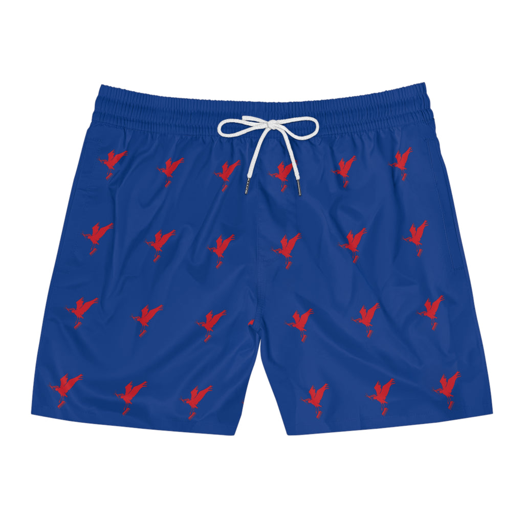 Men's Mid-Length Blue Swim Shorts with Red Flying Bird Pattern