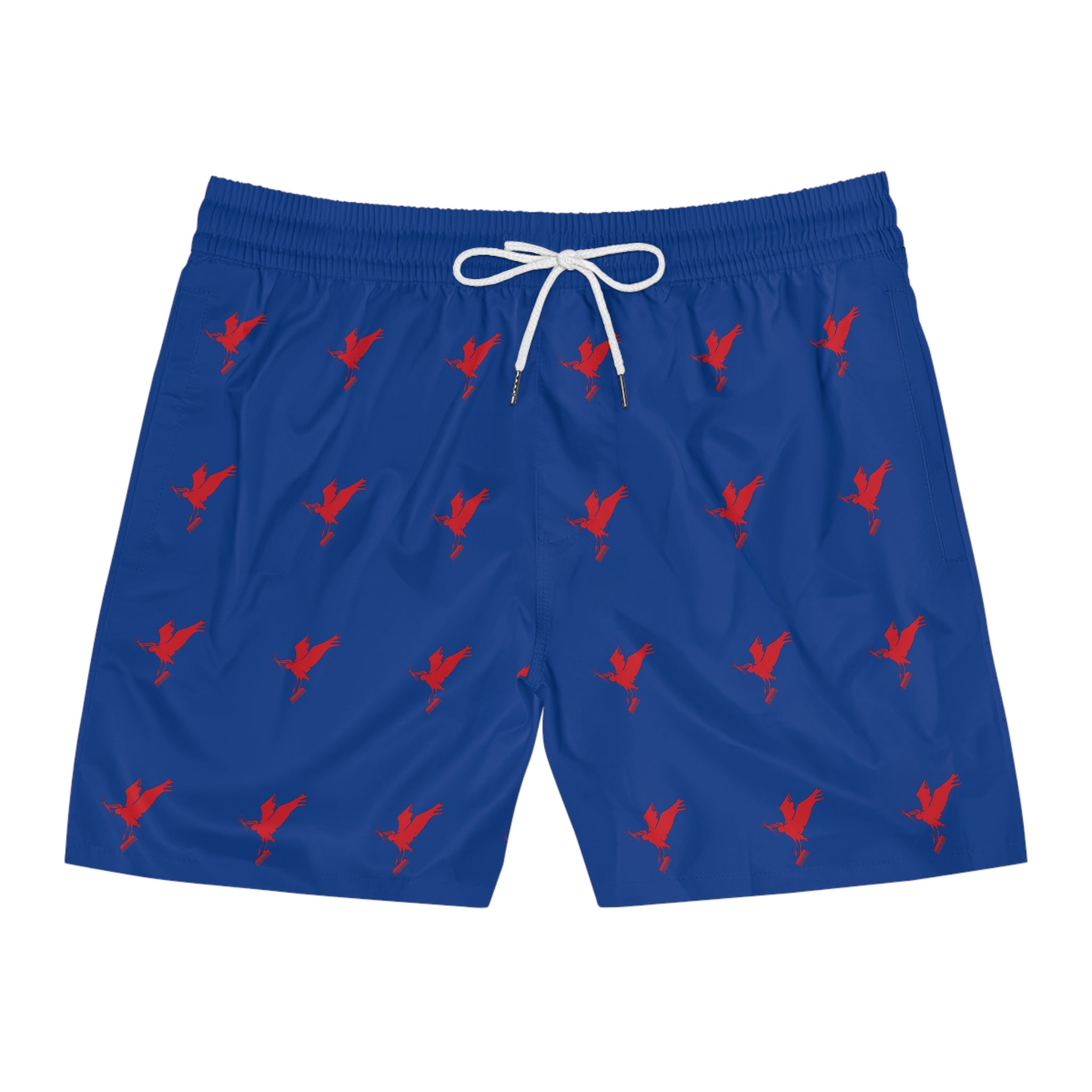 Men's Mid-Length Blue Swim Shorts with Red Flying Bird Pattern