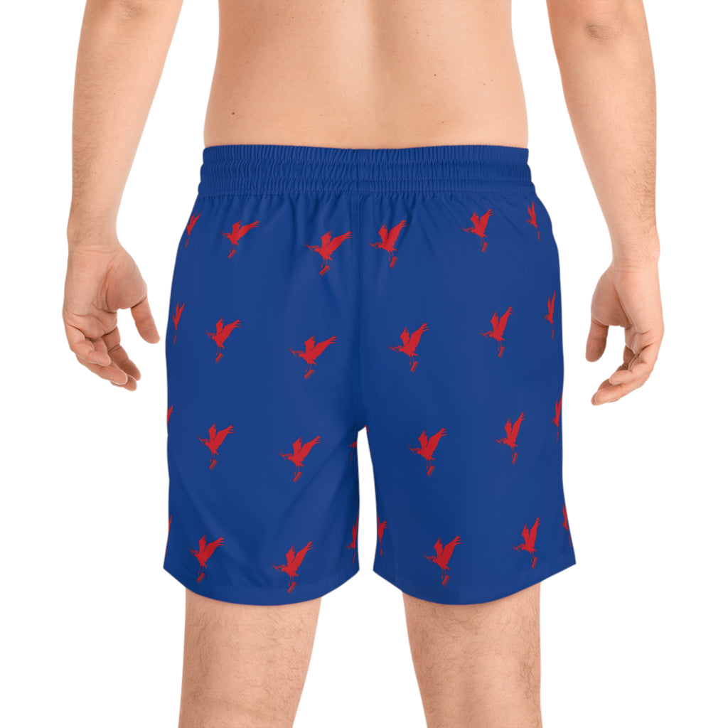 Men's Mid-Length Blue Swim Shorts with Red Flying Bird Pattern