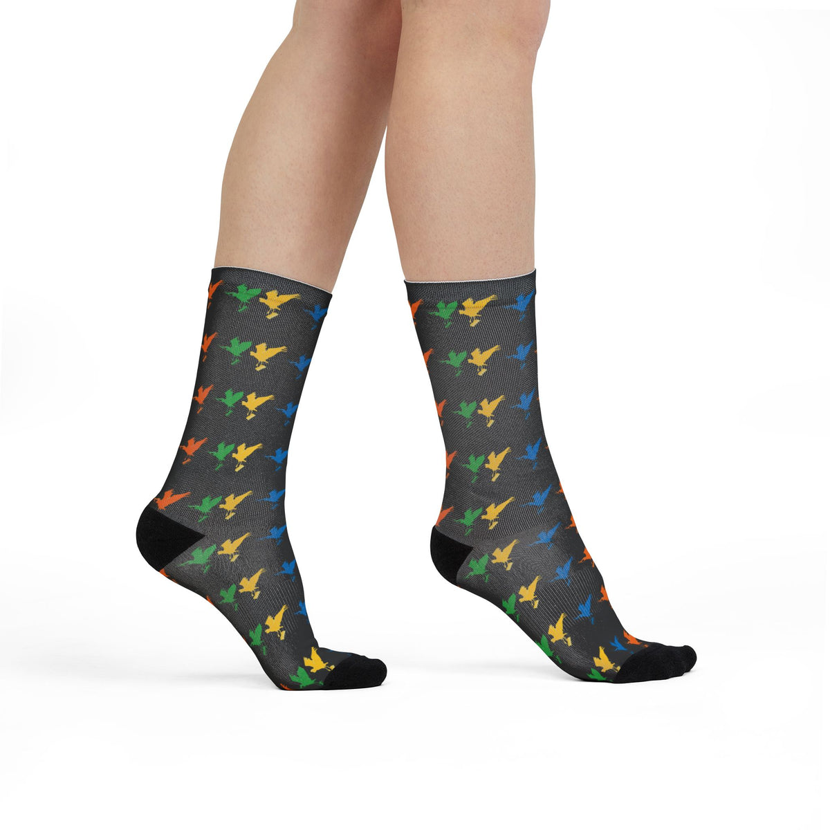 Colorful Bird Pattern Sublimation Crew Socks — Vibrant Feathered Graphic Socks