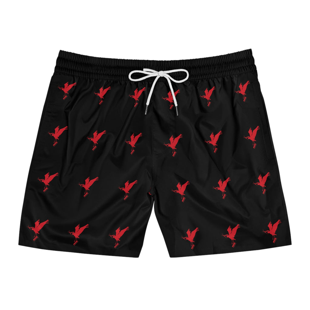 Men's Black Shorts with Cut Life Stay Fly Red Bird Pattern — Mid-Length Beach Trunks