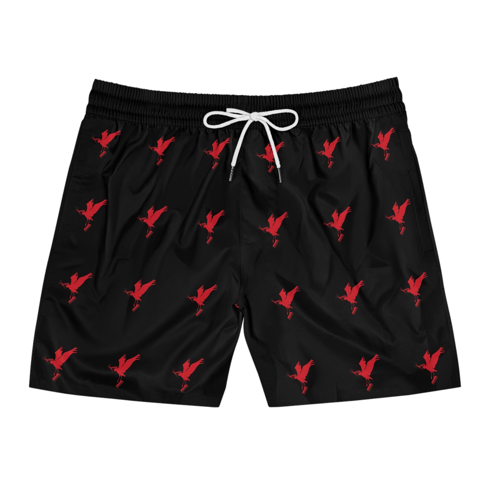 Men's Black Shorts with Cut Life Stay Fly Red Bird Pattern — Mid-Length Beach Trunks