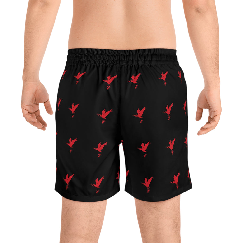 Men's Black Shorts with Cut Life Stay Fly Red Bird Pattern — Mid-Length Beach Trunks