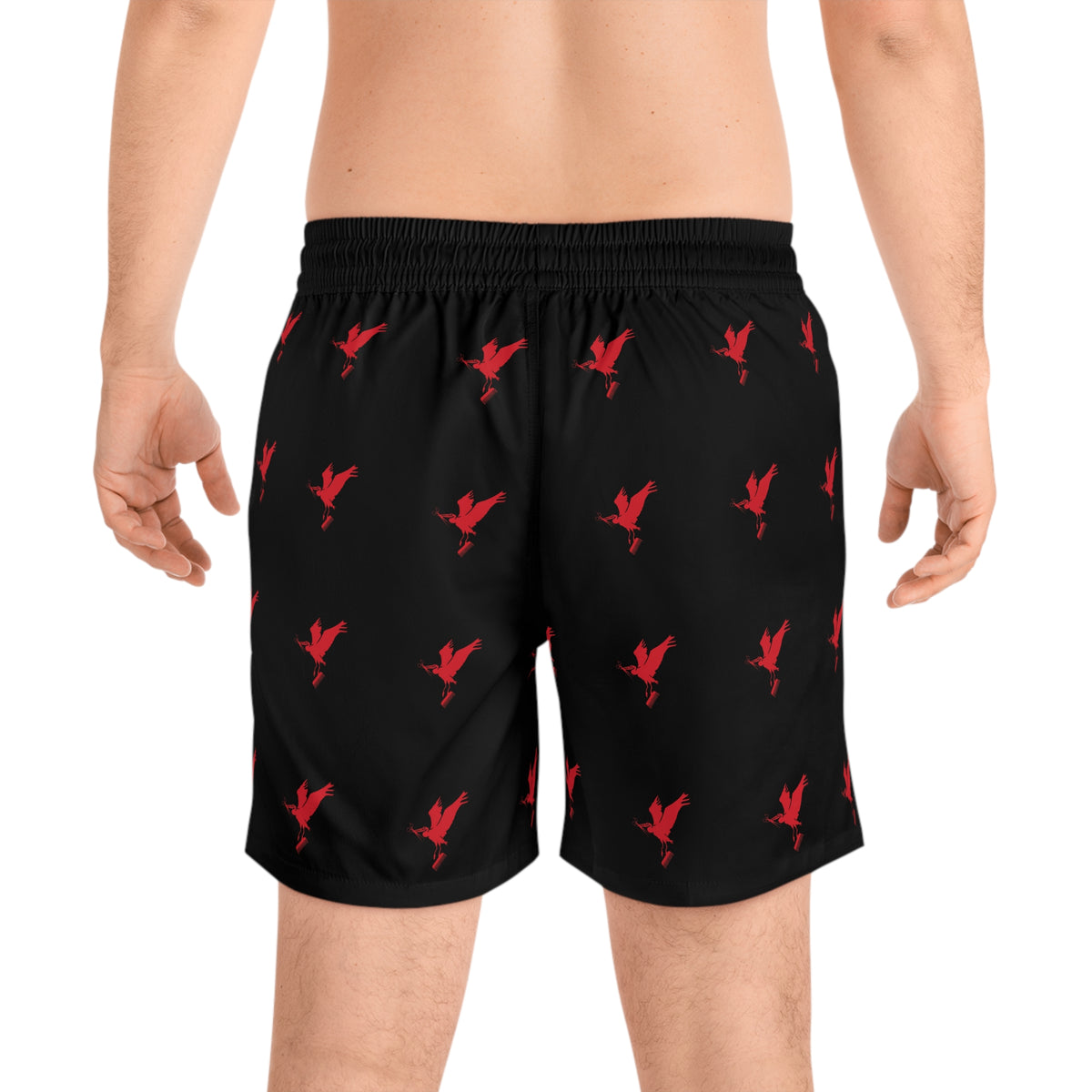 Men's Black Shorts with Cut Life Stay Fly Red Bird Pattern — Mid-Length Beach Trunks