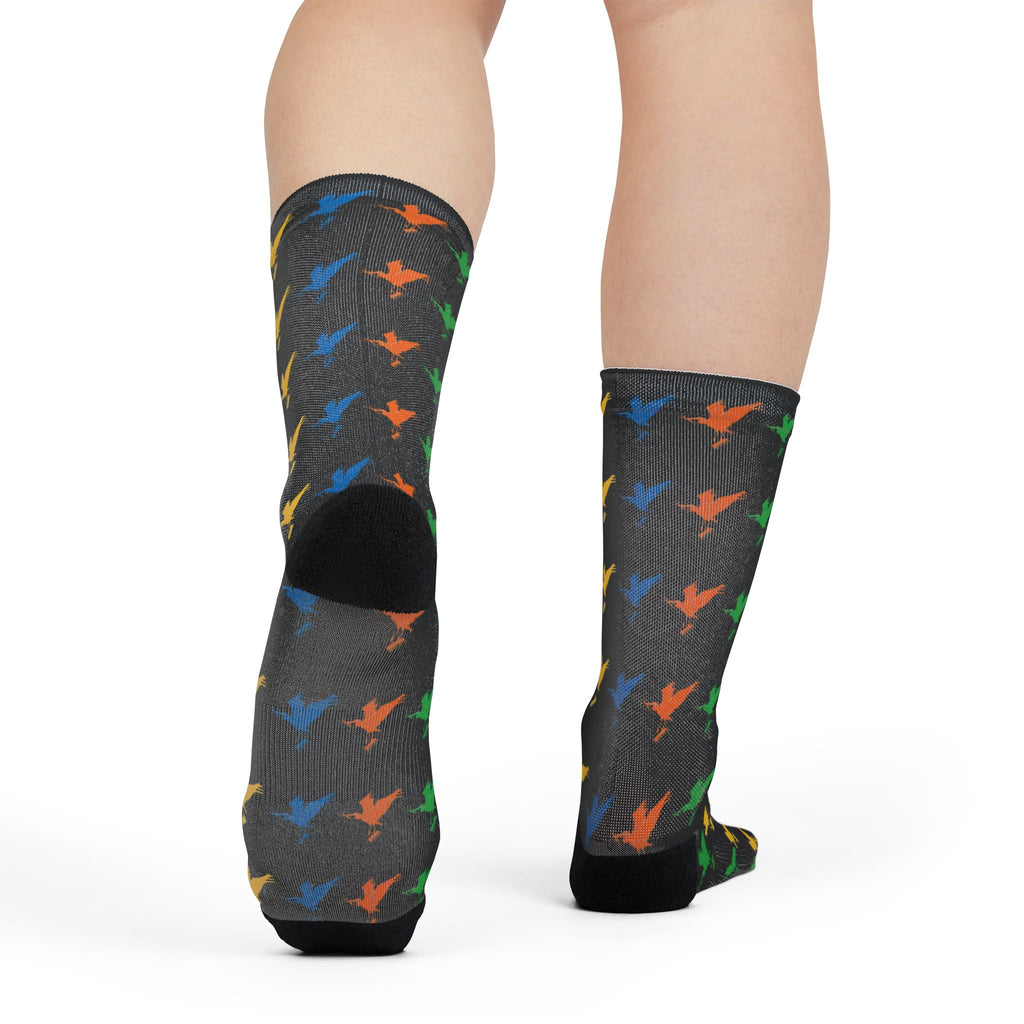 Colorful Bird Pattern Sublimation Crew Socks — Vibrant Feathered Graphic Socks