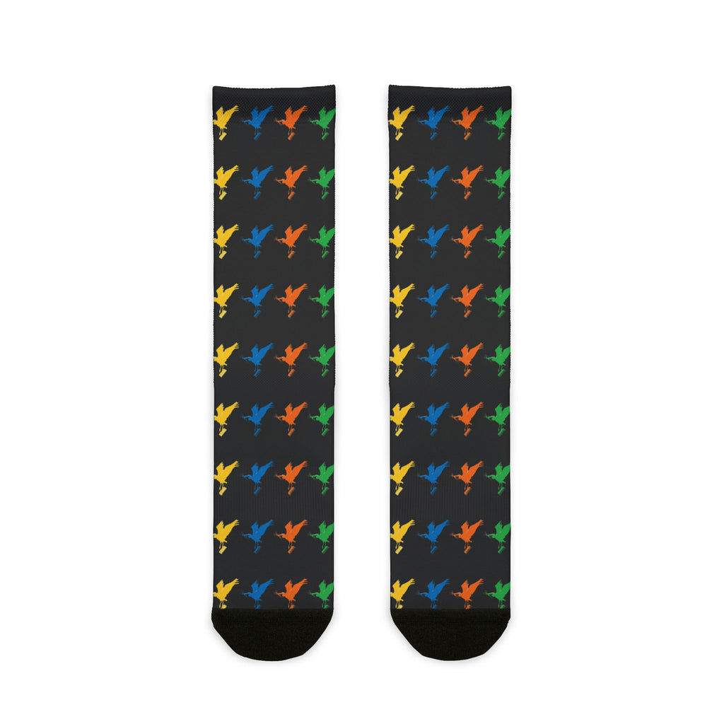 Colorful Bird Pattern Sublimation Crew Socks — Vibrant Feathered Graphic Socks