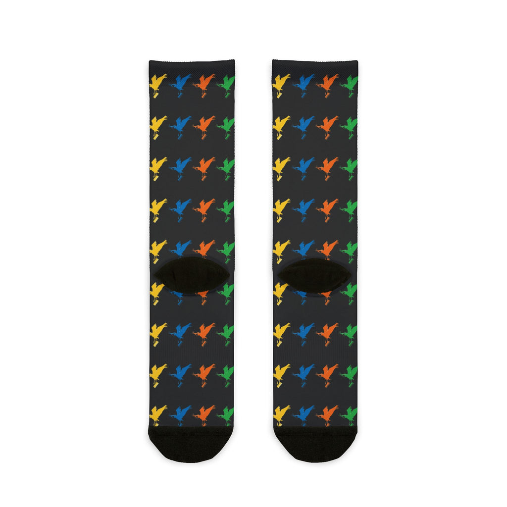 Colorful Bird Pattern Sublimation Crew Socks — Vibrant Feathered Graphic Socks
