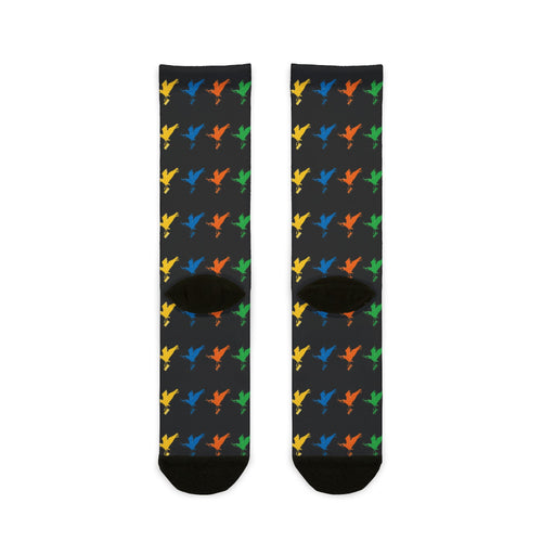 Colorful Bird Pattern Sublimation Crew Socks — Vibrant Feathered Graphic Socks