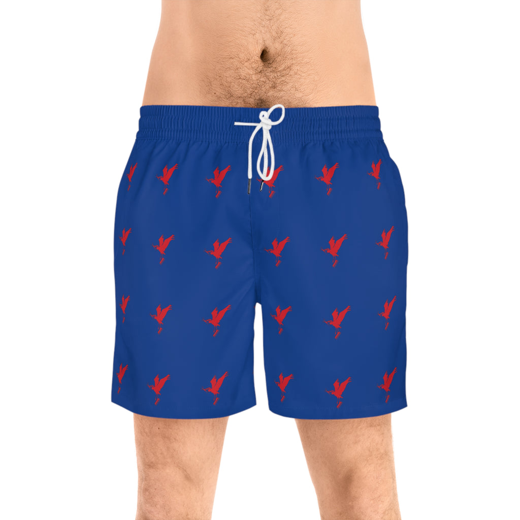 Men's Mid-Length Blue Swim Shorts with Red Flying Bird Pattern