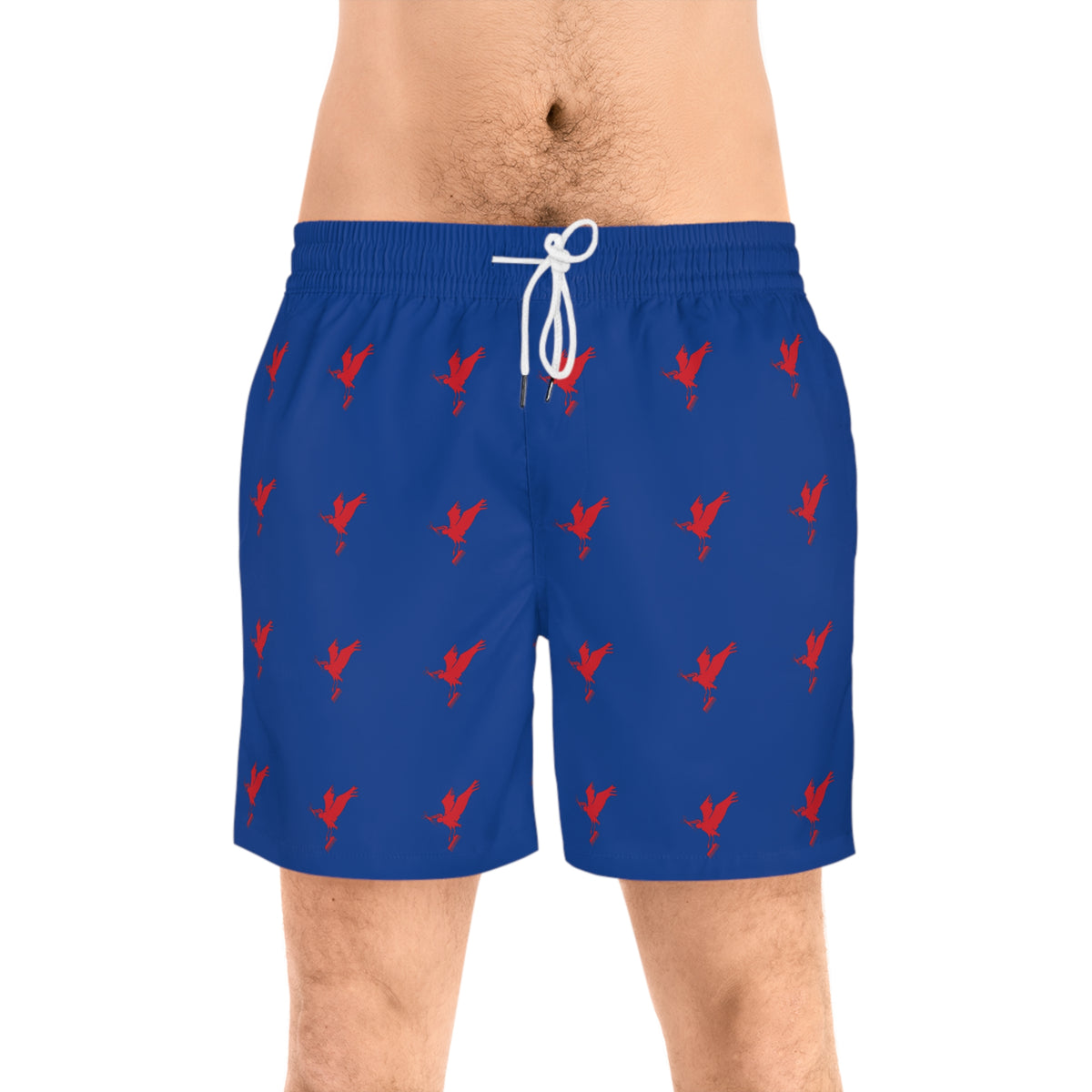Men's Mid-Length Blue Swim Shorts with Red Flying Bird Pattern